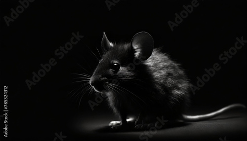 Cute black fluffy mouse. Key lighting on a black background. Photorealistic low key illustration. Generative AI © Hulinska Yevheniia