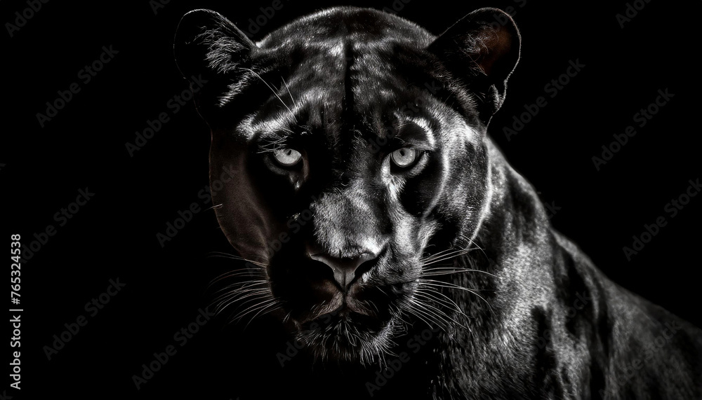 black fluffy jaguar. Key lighting on a black background. Photorealistic low key illustration. Generative AI