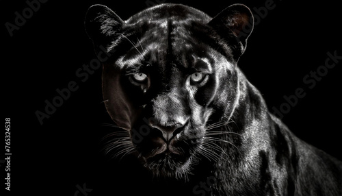 black fluffy jaguar. Key lighting on a black background. Photorealistic low key illustration. Generative AI