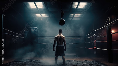 Sportsman muay thai boxer fighting in boxing cage, isolated on dark black background with light and smoke. Prepare to match. Copy Space. Sport concept.
