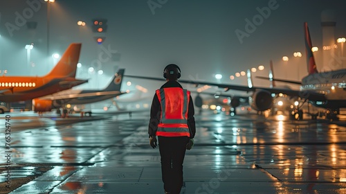 Airport Ramp Agent in Reflective Safety Vest Walking on Apron Among Parked Airplanes. Aviation Ground