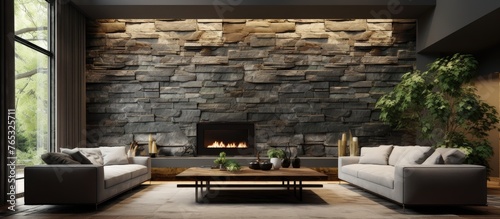 Capture of a cozy living room showcasing an elegant fireplace set against a rough stone wall