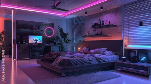 Neon-lit modern bedroom with a panoramic city view, where technology meets luxury in a symphony of purple.