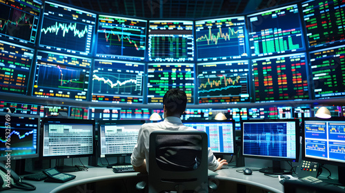 Businessman looking at stock market data on monitor ,Computerised option trading by a man, a freelancer on the stock exchange, including growth and decline charts 