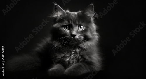 Cute grey fluffy cat. Key lighting on a black background. Photorealistic low key illustration. Generative AI.