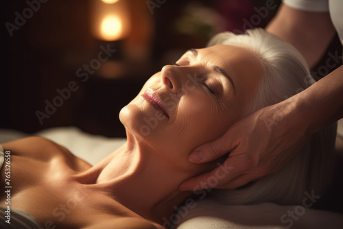 gorgeous seniors enjoys spa treatment in the clinic. close up. elderly takes care of her face photo