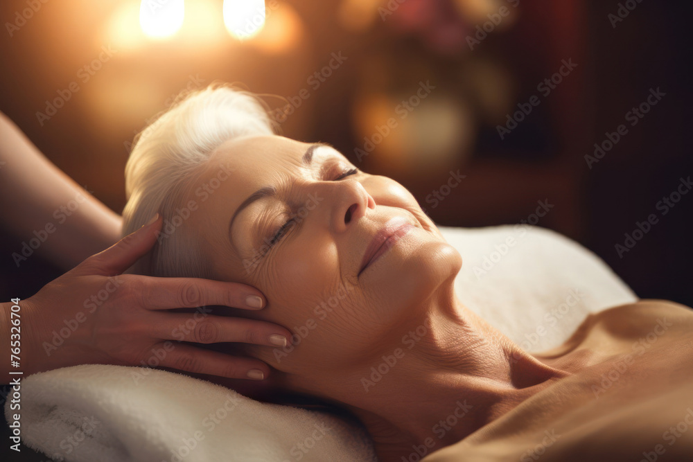 good elderly with closed eyes wants to brighten her skin and make her look and feel refreshed - obrazy, fototapety, plakaty 