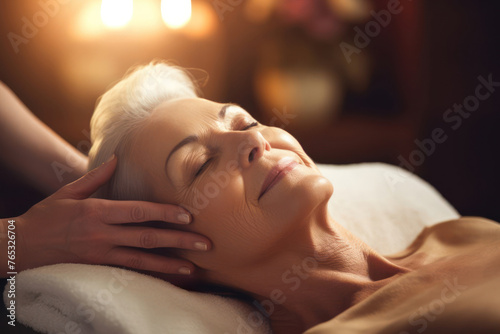 good elderly with closed eyes wants to brighten her skin and make her look and feel refreshed