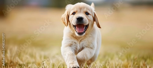 Playful puppy happily running in lush green grass, showcasing the joy of domestic pets