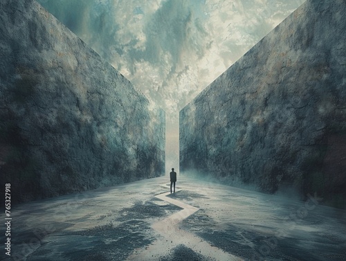 Delve into the illusion of free will with a rear view perspective Show a figure standing at a crossroads, facing different paths, symbolizing choices Enhance the sense of contemplation and uncertainty