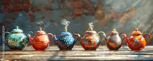 Craft an image featuring a variety of teapots, each uniquely designed to brew teas that transport the drinker to a state of profound peace Include subtle details like swirling patterns and delicate te photo