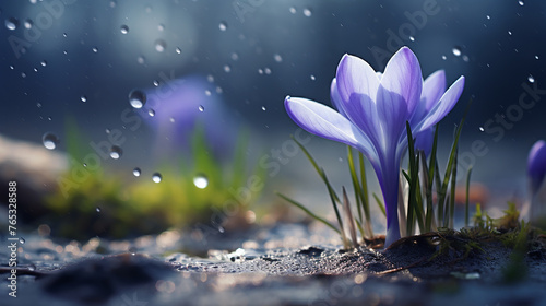 beautiful spring blue crocus in the spring rain