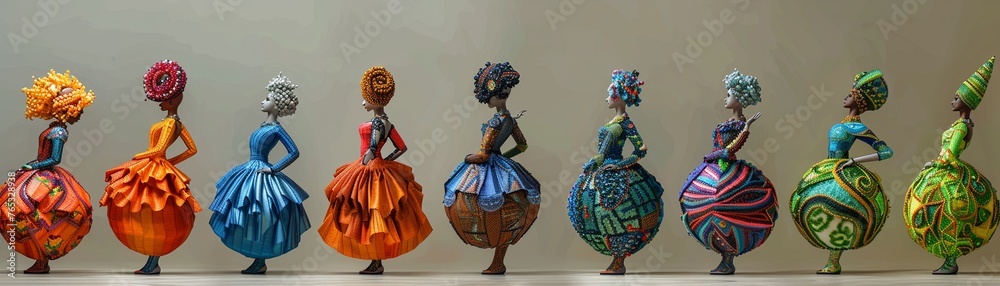 Design a captivating graphic featuring different types of traditional dance balls from around the world Showcase the intricate designs and vibrant colors in a side view composition Convey the energy a