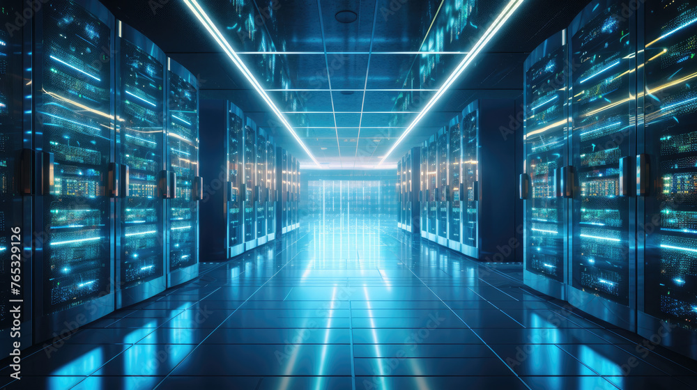 Shot of Corridor in Working Data Center Full of Rack Servers and Supercomputers with High Internet Visualisation Projection. Shot of Corridor in Working Data Center Full of Rack Servers and Supercomputers with High Internet Visualisation Projection.