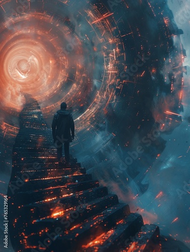 Delve into the infinite loop of time travel paradoxes with a visually captivating design Showcase parallel timelines converging in a mesmerizing long shot, highlighting the complexity and intrigue of  photo