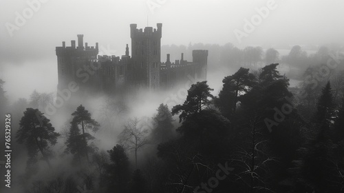 The old castle in the fog. Tranquil, mystical and mysterious atmosphere. Beauty landscape. Generative AI