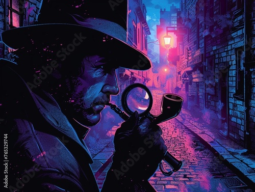 Create a side view illustration for a detective-themed podcast cover, featuring a magnifying glass and Sherlock Holmes-inspired pipe against a backdrop of dimly lit alleys Capture the essence of myste photo