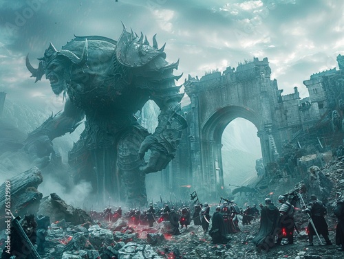 Bring the epic scale and energy of climactic battle scenes in action and fantasy films to life through a striking low-angle view Emphasize the intricate choreography and dramatic tension, capturing th