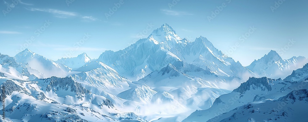 Capture the majestic snow-capped mountains rising against a clear blue sky in a winter wonderland, emphasizing the raw beauty of untouched wilderness