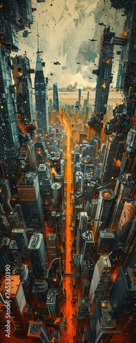 Capture a dystopian future society with chaotic, distorted cityscapes and disconnected individuals at a tilted angle view, emphasizing the drawbacks of hyper-connectivity photo