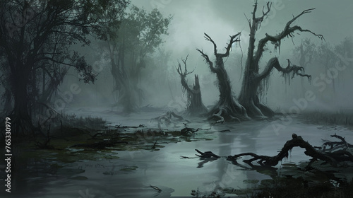 The swamp shrouded in eternal mist from which skeletal trees stretched out. Generative Ai photo