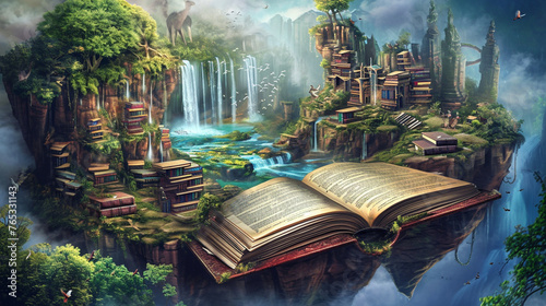 A dusty forgotten old book reveals beautiful fantasy world filled floating islands. Generative Ai © Witri