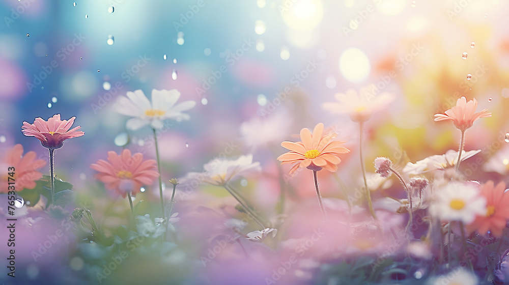 abstract blurred background with beautiful spring flowers rain drops