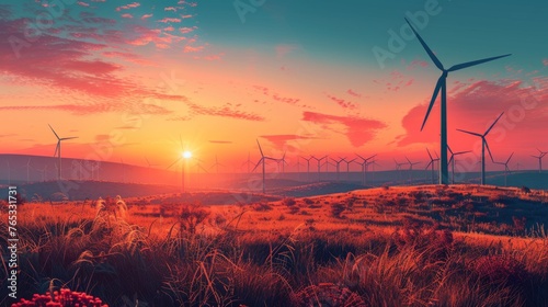 Wind Energy Advancement: Dynamic illustration of wind farms harnessing the power of clean renewable wind energy to fuel sustainable development.