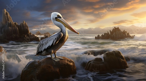 Graceful Pelican: Majestic Bird Perched on a Rocky Outcrop Amidst Flowing River Waters, Captivating Natural Beauty and Serenity