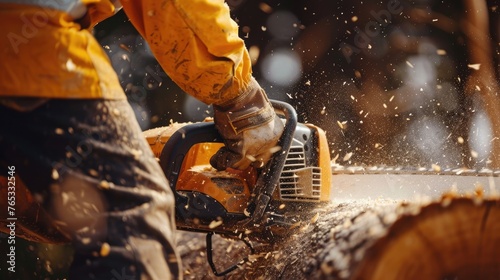 construction worker cutting trees using portable gasoline chainsaw