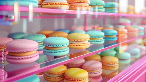 A display case filled with an assortment of brightly colored macarons and handdecorated sugar cookies. photo