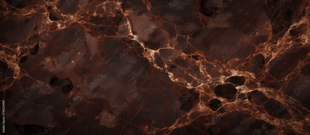 A macro shot showing a detailed view of a marble surface with striking dark brown and white veins running through it