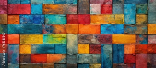 A close up of a creative arts painting featuring squares in shades of azure  electric blue  and brown. The rectangles create a symmetrical pattern on the building material wall