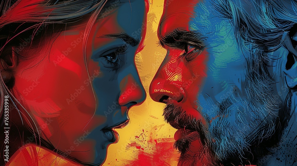 Fototapeta premium Pop art-style close-up showing a father and daughter, with clashing colors that hint at underlying conflict