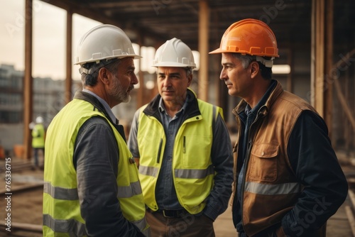 mature men building contractors wearing hat and safety suit discussing work project at construction building site photo