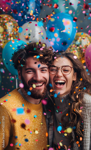 Mockup birthday or April Fool's Day party with happy men and women, confetti, and balloons. Space for text. Illustration of people having fun. Suitable for event promotion or invitation.