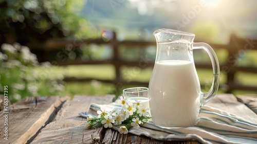 Fresh Farm Milk in a Pitcher and Glass on Rustic Wooden Table