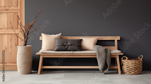 A wooden bench with a gray cushion, a cream cushion, and a brown throw blanket in front of a dark gray wall. photo