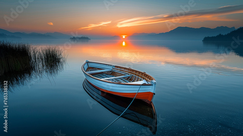 boat on the lake, A serene and peaceful scene of a fishing boat on a calm lake at sunrise 