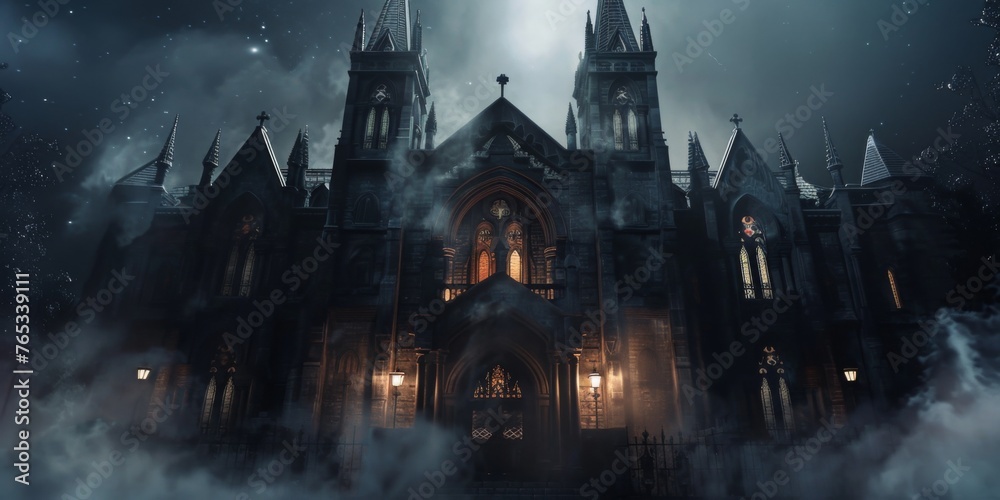 Gothic cathedral enveloped in mist and darkness - An eerie Gothic cathedral rising through mist with illuminated windows against a night sky