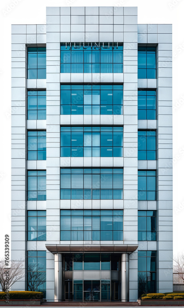 Modern building facade with geometric pattern - A stark modern building facade showcasing a geometric array of windows set against a clear sky Modern building facade with geometric pattern - A stark modern building facade showcasing a geometric array of windows set against a clear sky
