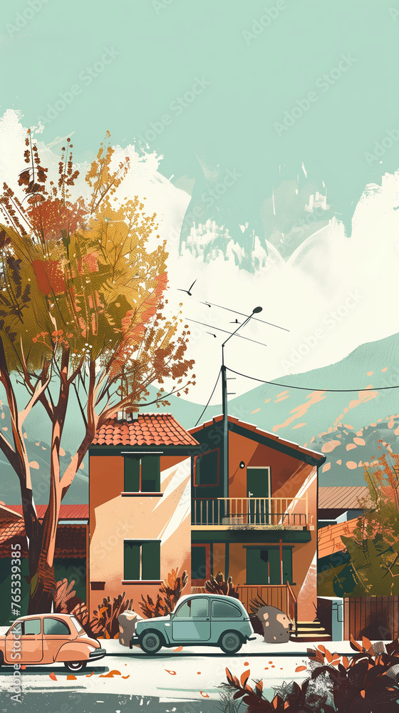 Nostalgic Autumn Day in the Suburbs, Flat Art Illustration