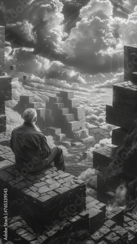 Man contemplating on surreal cloud stairways - An introspective scene captures a lone man sitting on enigmatic stairways amidst a backdrop of dramatic clouds