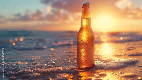 Cold beer with condensation at sunset - A solitary beer bottle, its surface beaded with condensation, stands against a setting sun and gentle sea waves