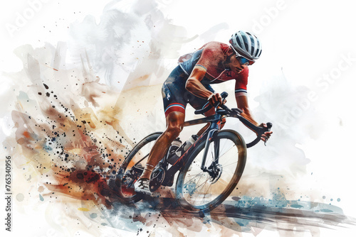 Brown watercolor painting of professional cyclist in road bike race