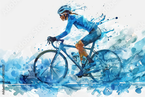 Blue watercolor painting of side view woman cyclist in road bike