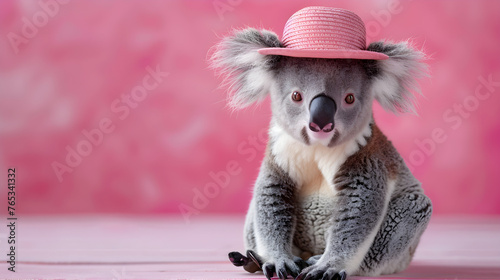Funny koala wearing a hat on a pink background with a banner for text, perfect for April Fools' Day promotion or humorous content. © Jhon