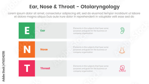 ent health treatment disease infographic 3 point stage template with 3 block row rectangle content stack for slide presentation
