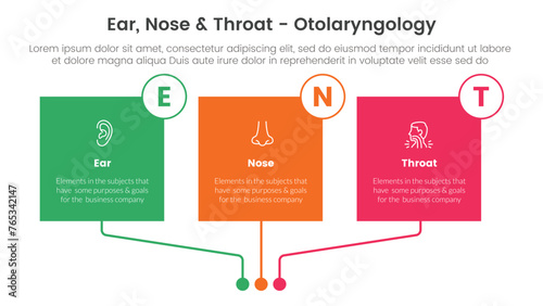 ent health treatment disease infographic 3 point stage template with square box linked connection circle badge for slide presentation