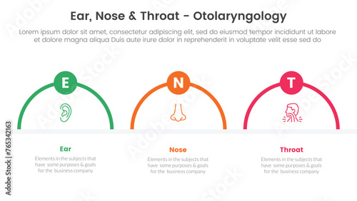 ent health treatment disease infographic 3 point stage template with half circle shape outline with badge for slide presentation